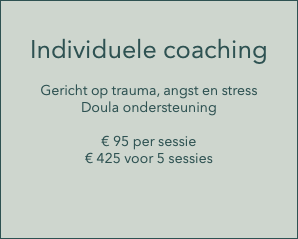  Individuele coaching Gericht op trauma, angst en stress Doula ondersteuning € 95 per sessie € 425 voor 5 sessies